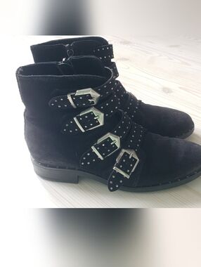 Miz Mooz Edgy Black Studded Suede Buckle Ankle Boots 37 EU 7 US